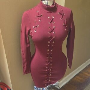 Burgundy Lace-Up Bodycon Dress